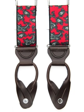 Red/Green Printed Paisley Non-Stretch, Suspenders Button Tabs, Nickel Fittings
